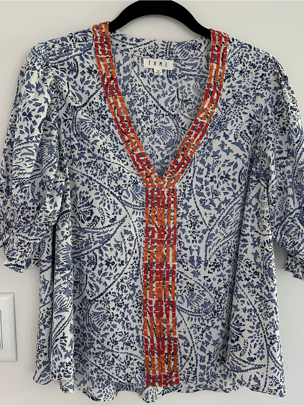 THML Blue Paisley V-Neck Top with Red-Orange Beaded Trim
